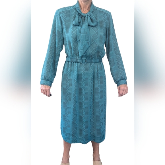 VINTAGE Petites By Willi Sheer Monochrome Belted Blouson 80s Fashion Midi Dress - Picture 3 of 12